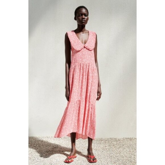 Zara Oversized Floral Print Maxi Dress Peter Pan Collar Tiered Red White Medium - Picture 5 of 15